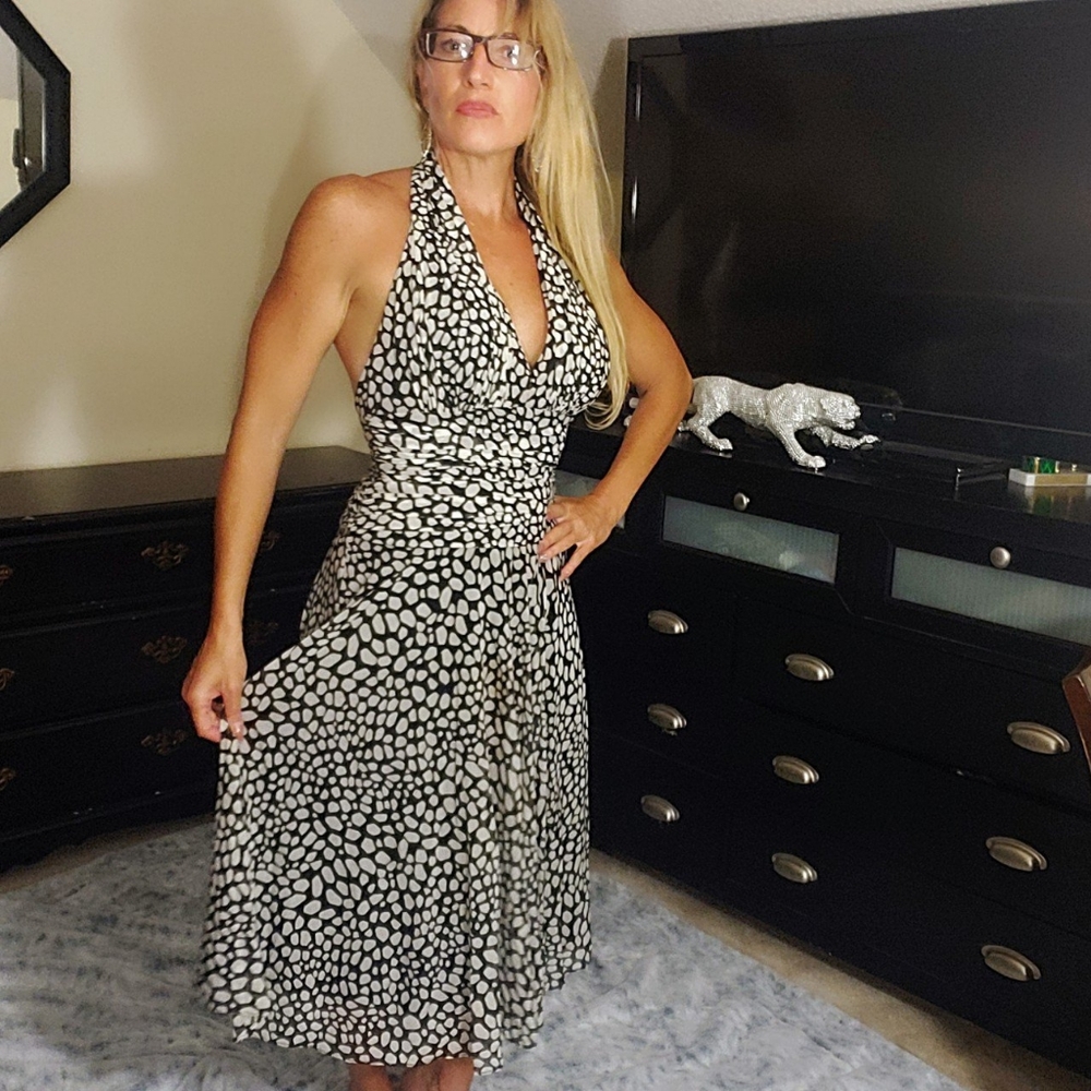 Tadashi Halter V-Neck Black & White Dress Small